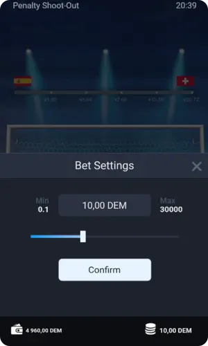 Ventana de configuración de apuesta en Penalty Shoot Out con control deslizante para ajustar el importe.