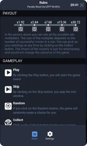 Descripción de las reglas y mecánicas del juego Penalty Shoot Out mostrada en la pantalla de información.
