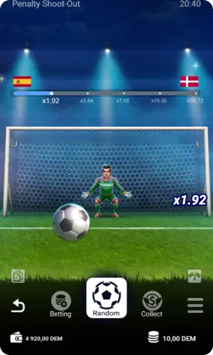 Vista de juego durante una tanda de penaltis en Penalty Shoot Out con balón en primer plano y portero en la portería.
