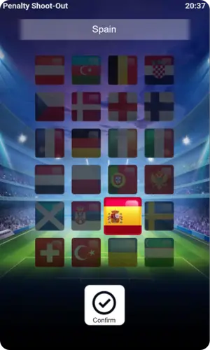 Pantalla de selección de equipo en Penalty Shoot Out con banderas de diferentes países y botón de confirmación.